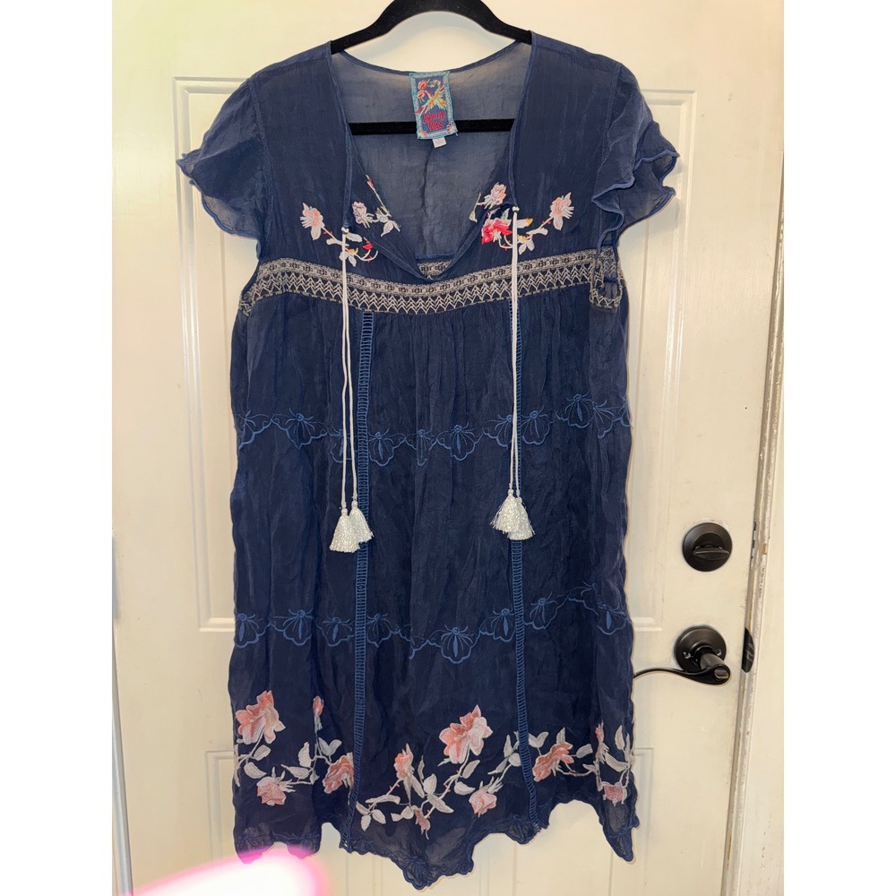 Johnny Was Navy Blue Embroidered Cupra Rayon Tassel Tunic Dress Large C34920-3